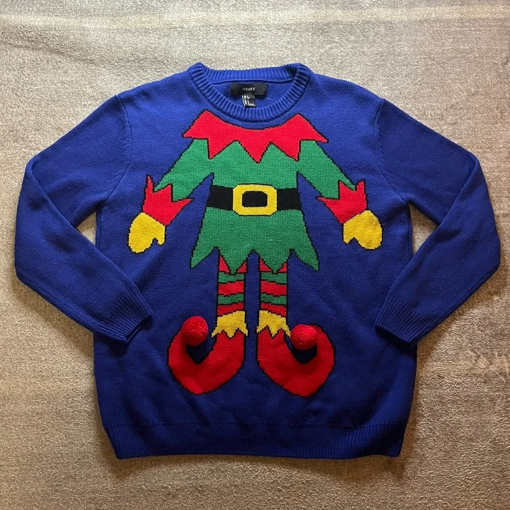 Forever 21 Small Blue Christmas Elf Ugly Christmas Sweater 3D Pom Poms Knit